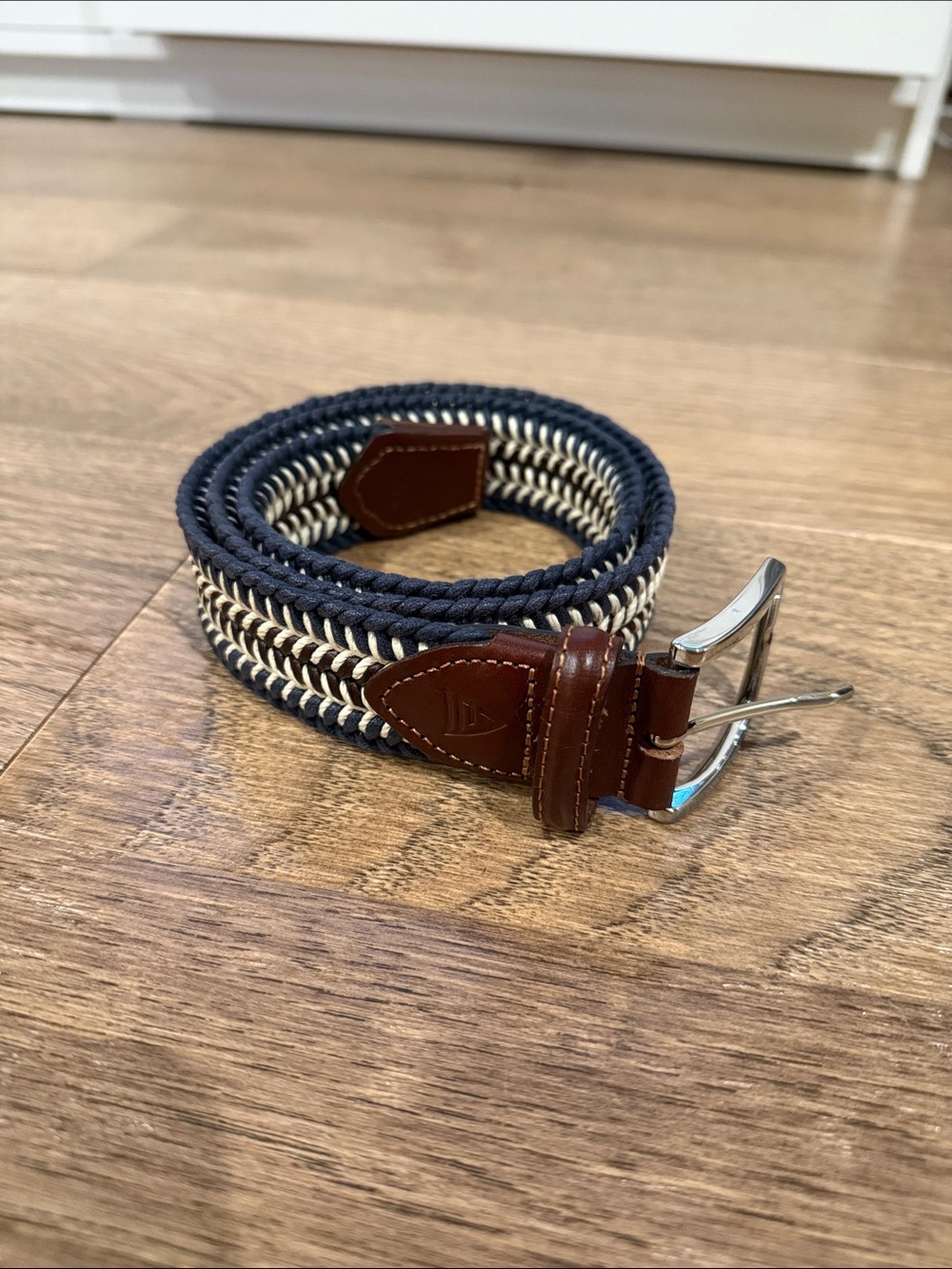 Braided Navy and Cream Men's Belt with Brown Leather Trim